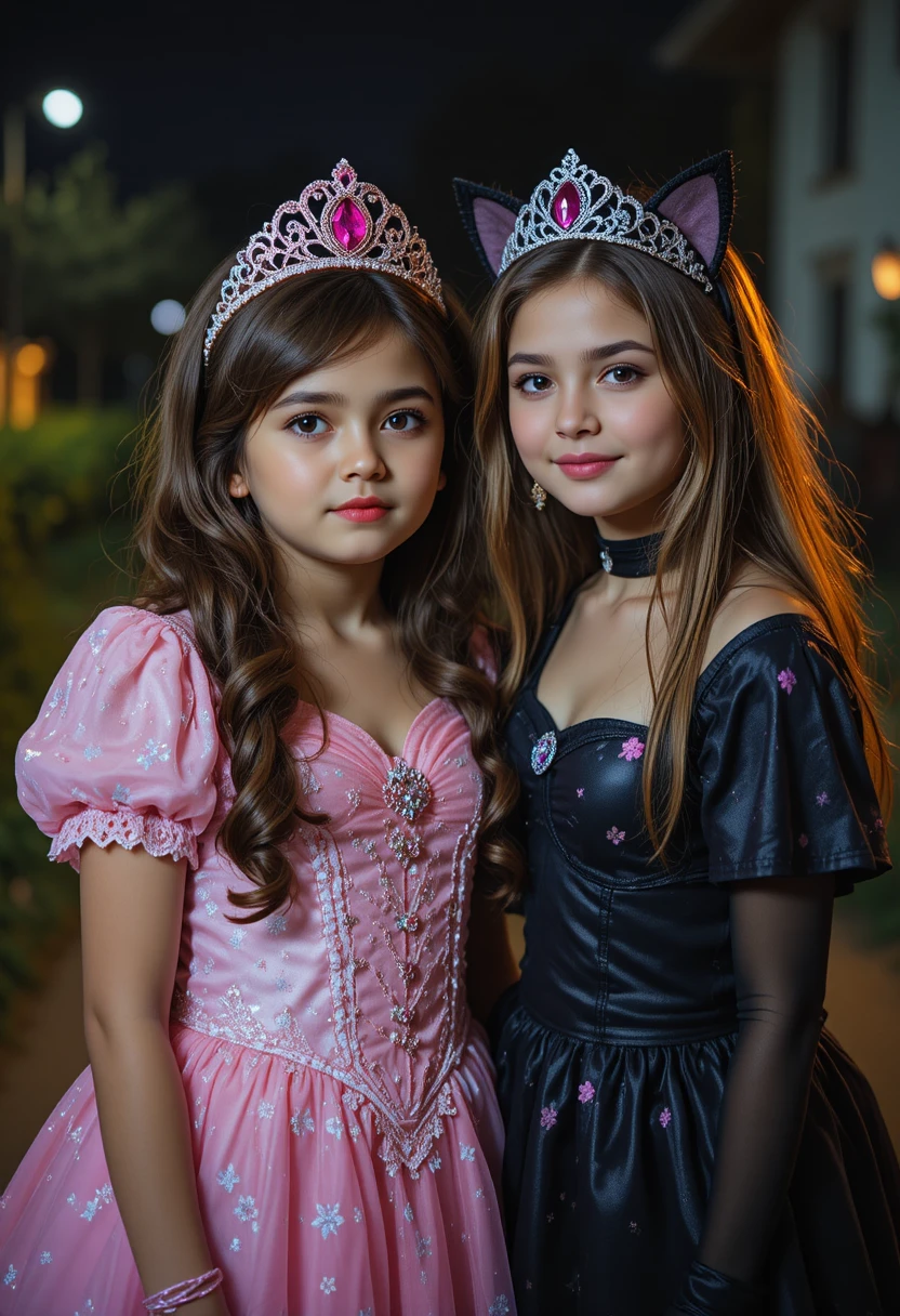 Um rapaz hispânico envergonhado veste um vestido de princesa ao lado da irmã à noite