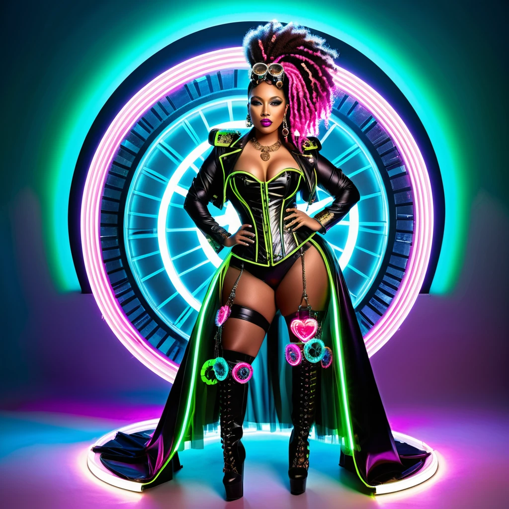Mulher de corpo inteiro com tranças arco-íris e traje steampunk surreal