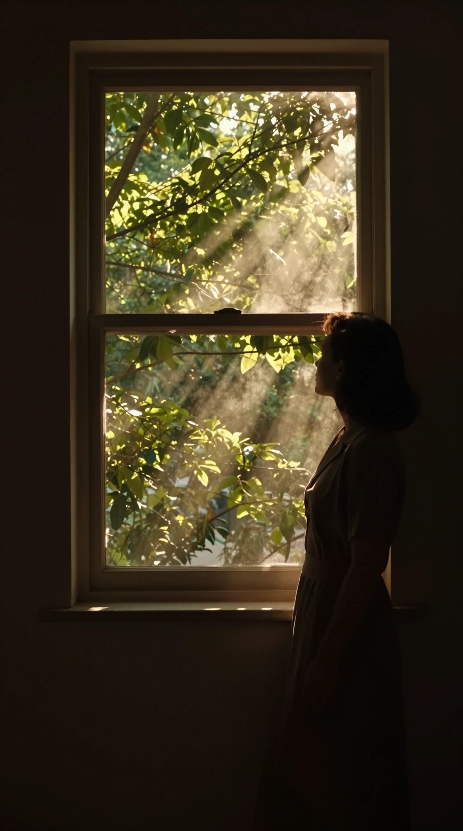 Golden sunlight illuminates green trees beyond a quiet interior window