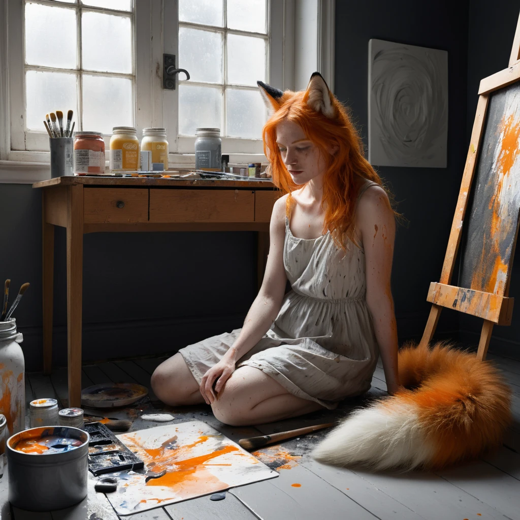 絵の具が散らばるアトリエの机に座るキツネ耳の女性