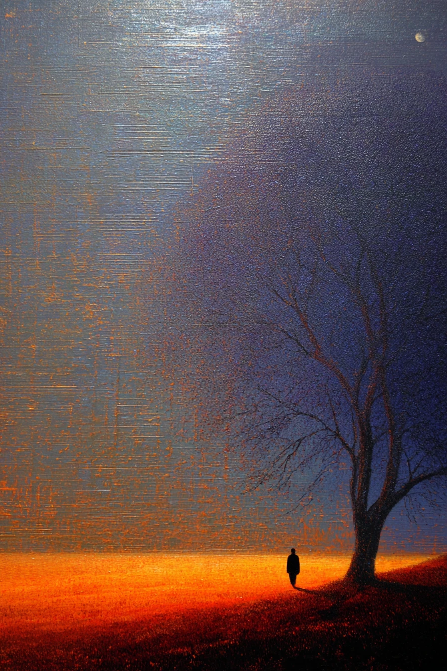 Ein traumhaftes surrealistisches Ölgemälde in Indigo, Orange-Rot und Aschgrau