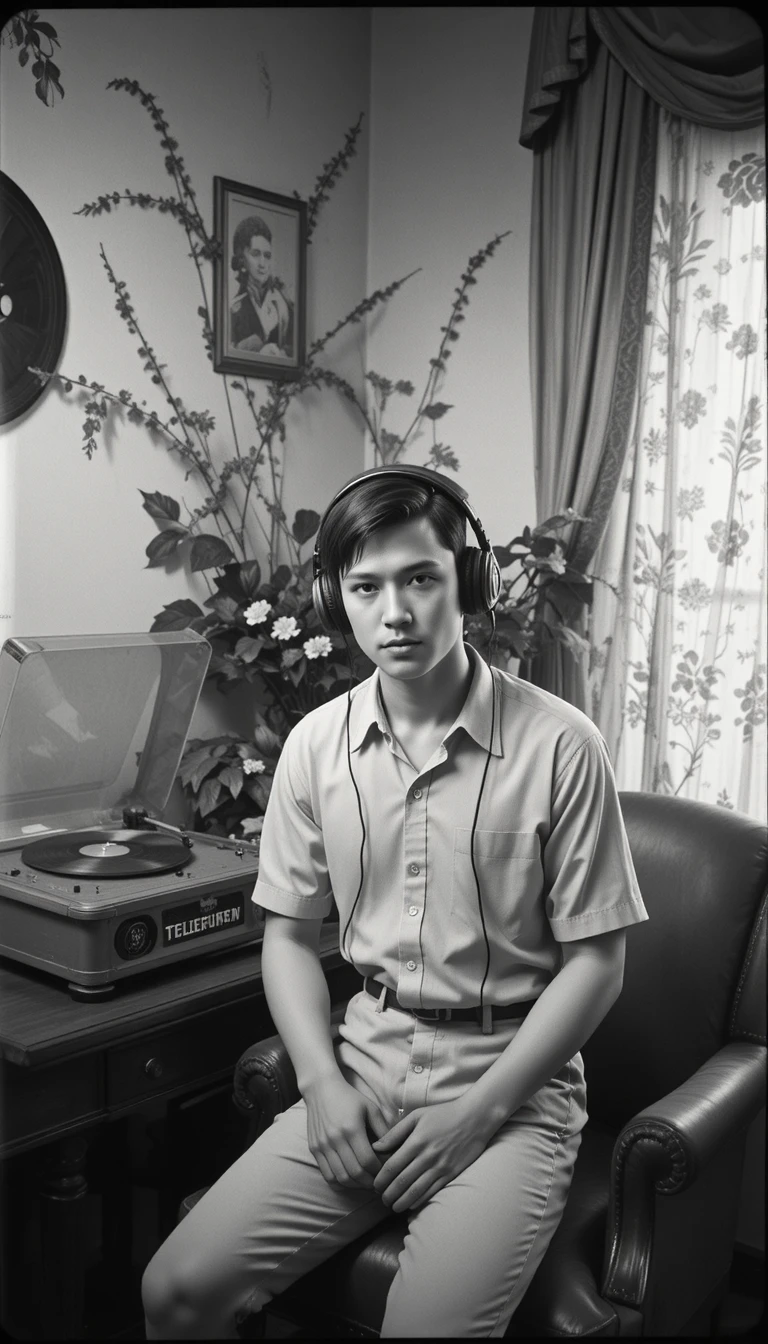 Um jovem ao lado de um gira-discos antigo num interior monocromático