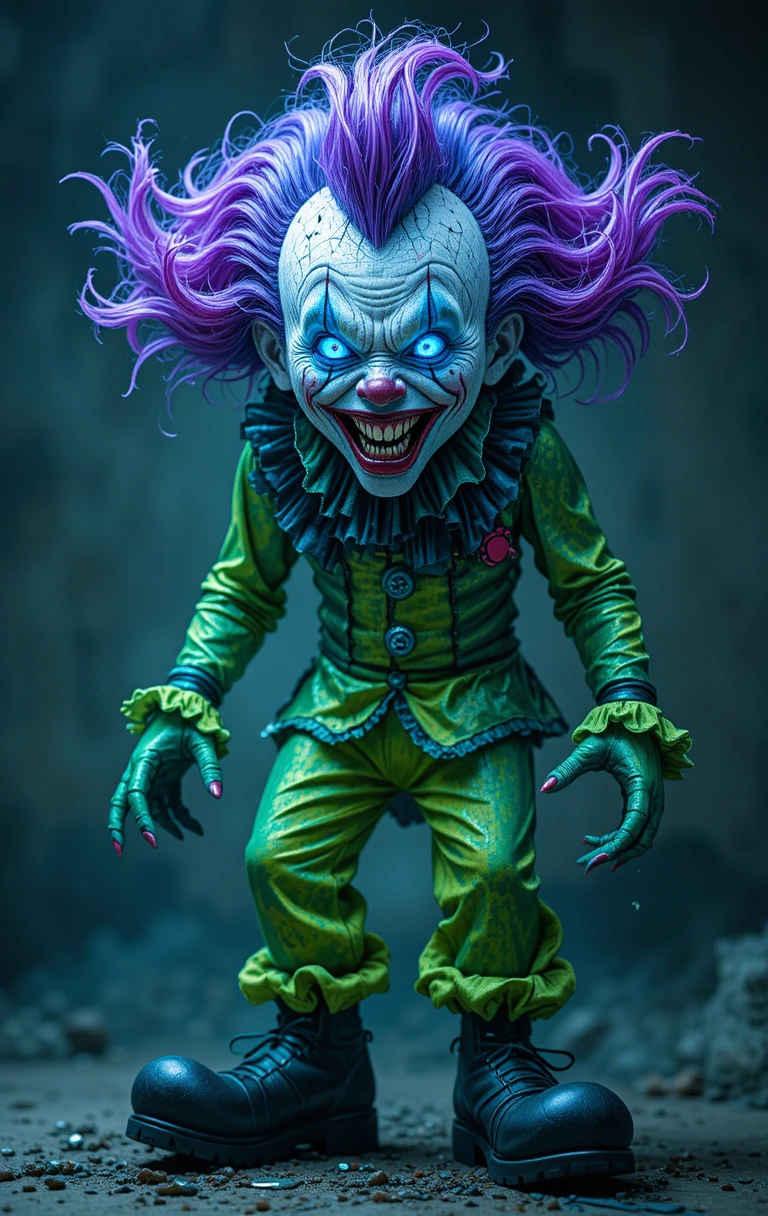 Un clown inquietante con capelli viola e blu e un sorriso minaccioso