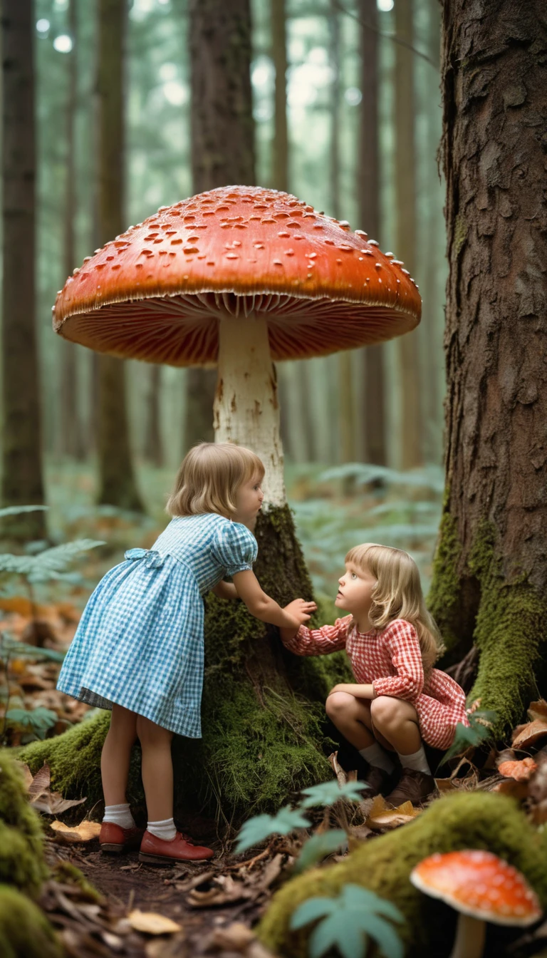 Crianças pequeninas se reúnem sob um cogumelo vermelho colossal na floresta