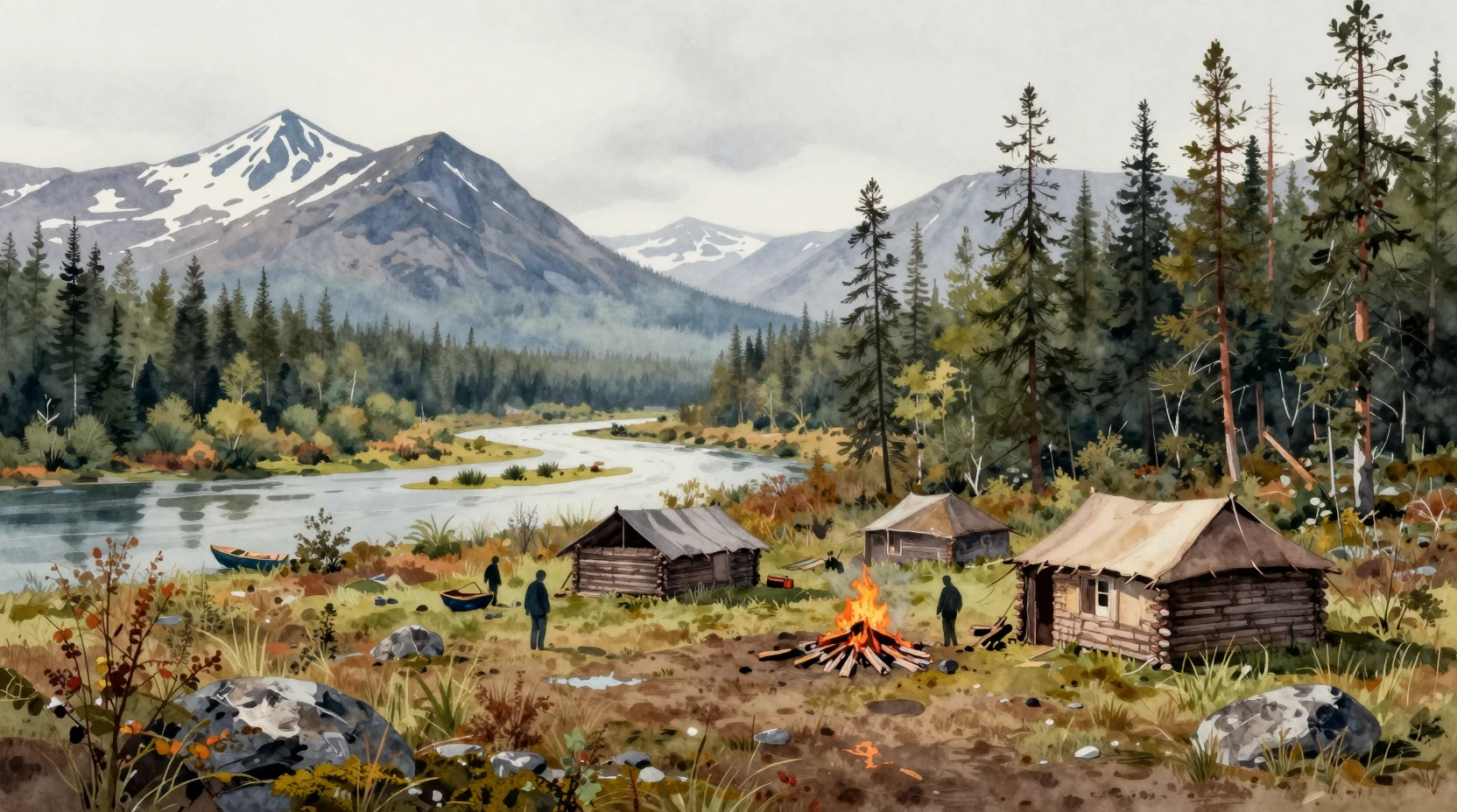 Um acampamento na taiga siberiana com tendas redondas, lenha e um rio