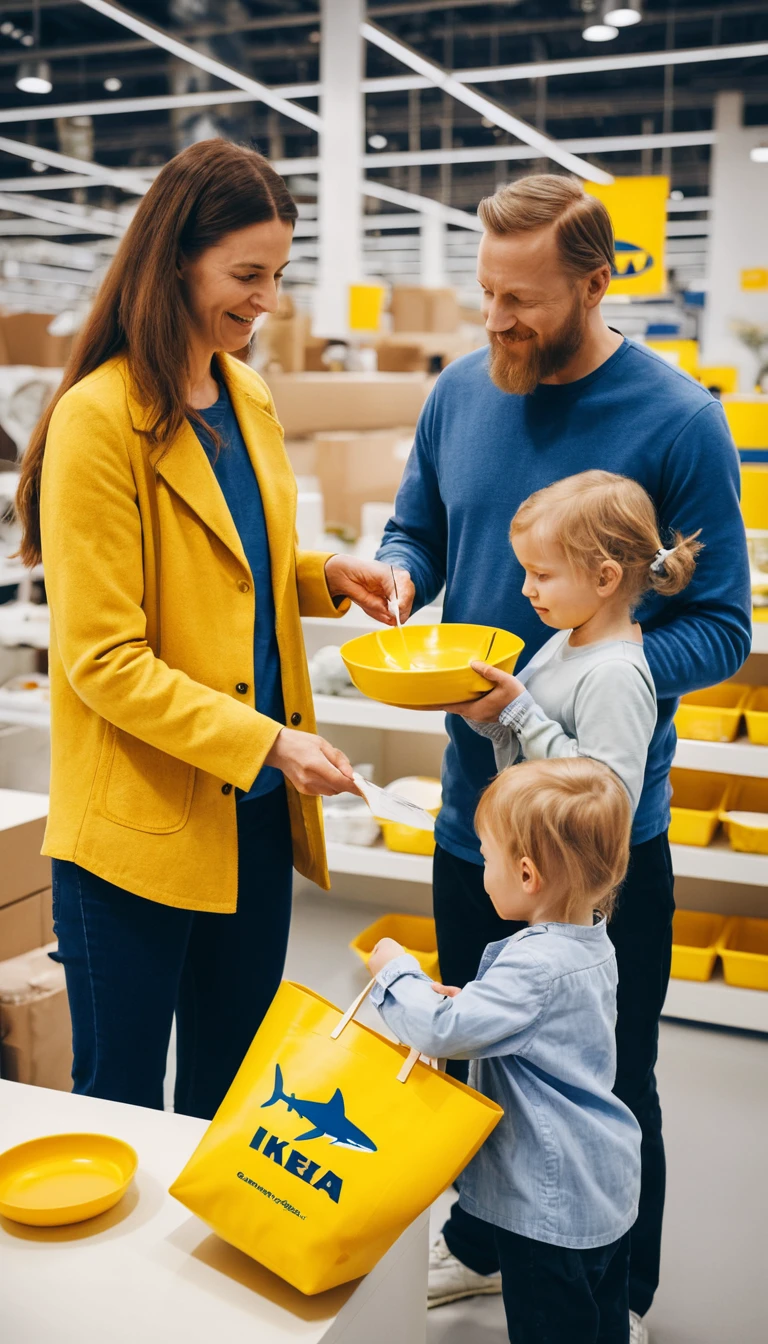 A prehistoric family chooses plates in an IKEA store