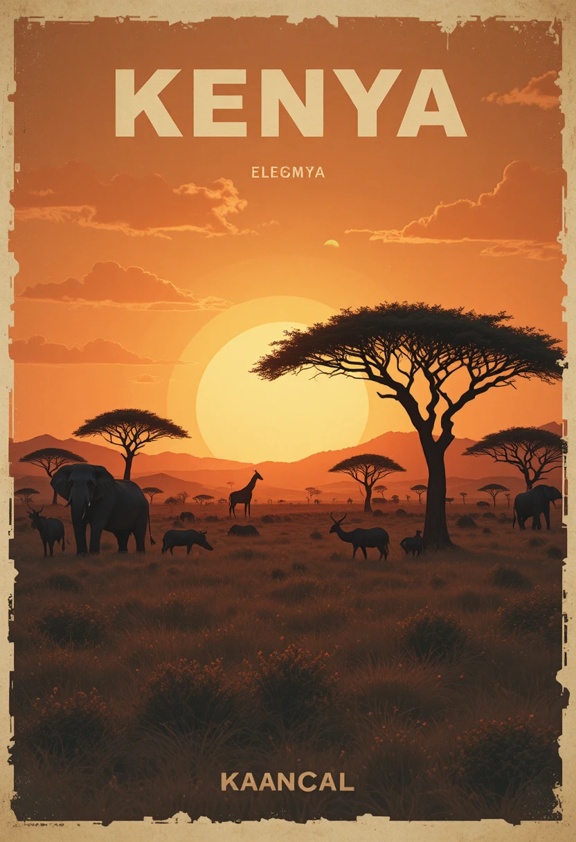 Poster di viaggio del Kenya con la fauna della savana all'alba