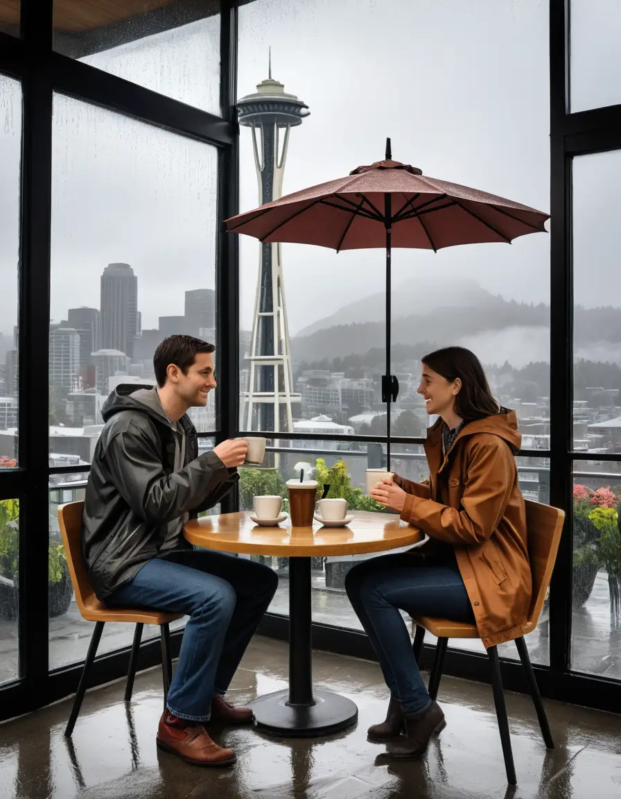 Ein Paar trinkt an einem regnerischen Nachmittag Kaffee in einem Café in Seattle