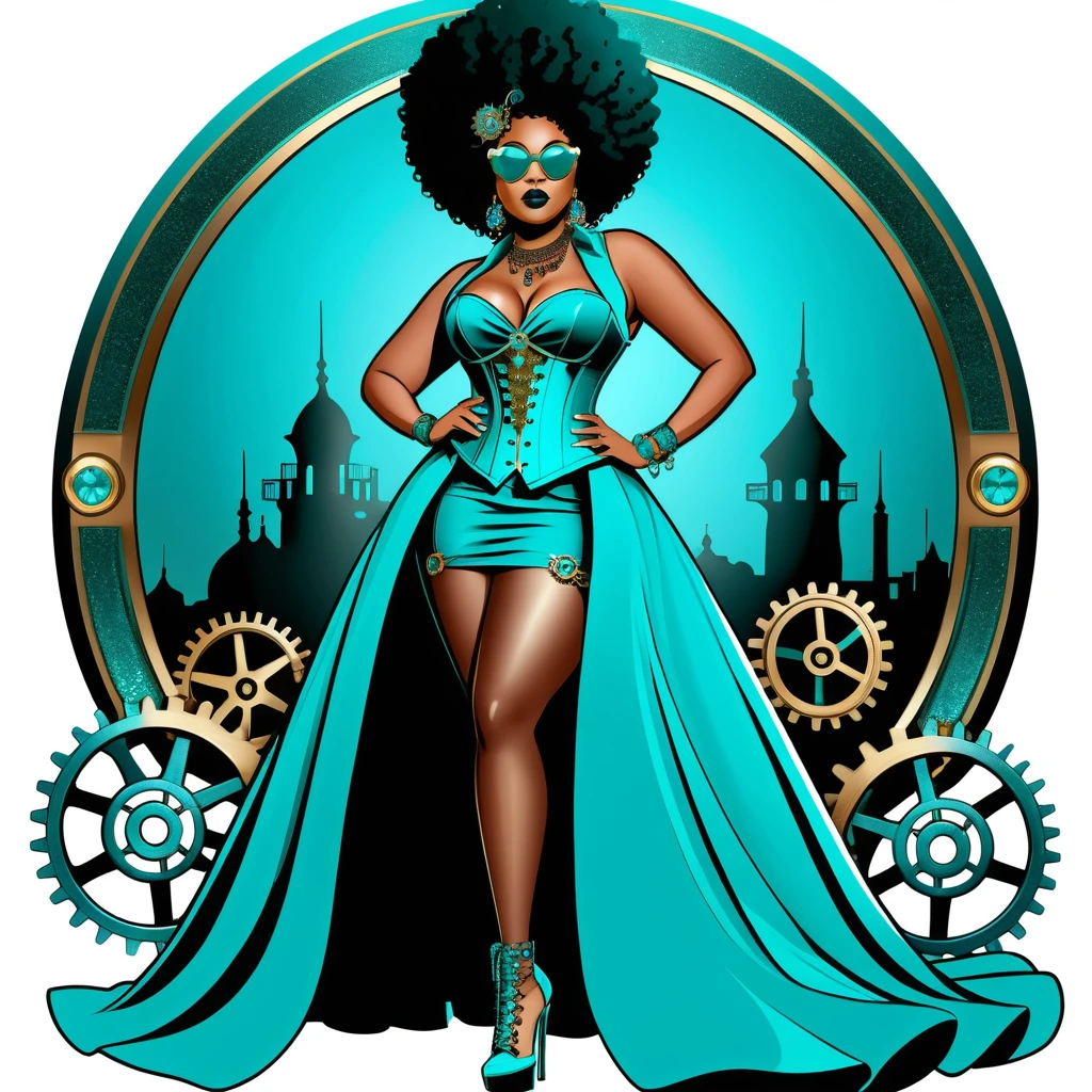 Mulher confiante com um afro turquesa em uma ilustração de adesivo steampunk