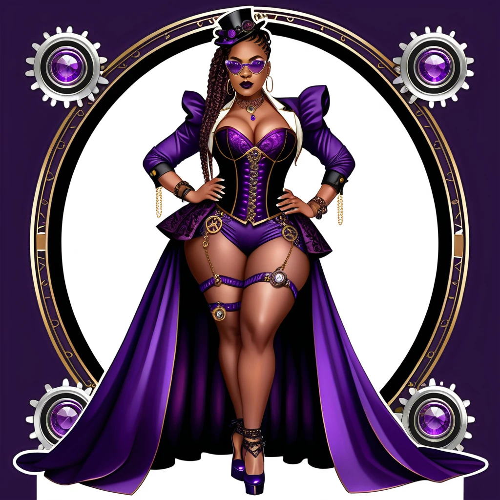 Glamorosa mulher steampunk com traje violeta e um corvo mecânico