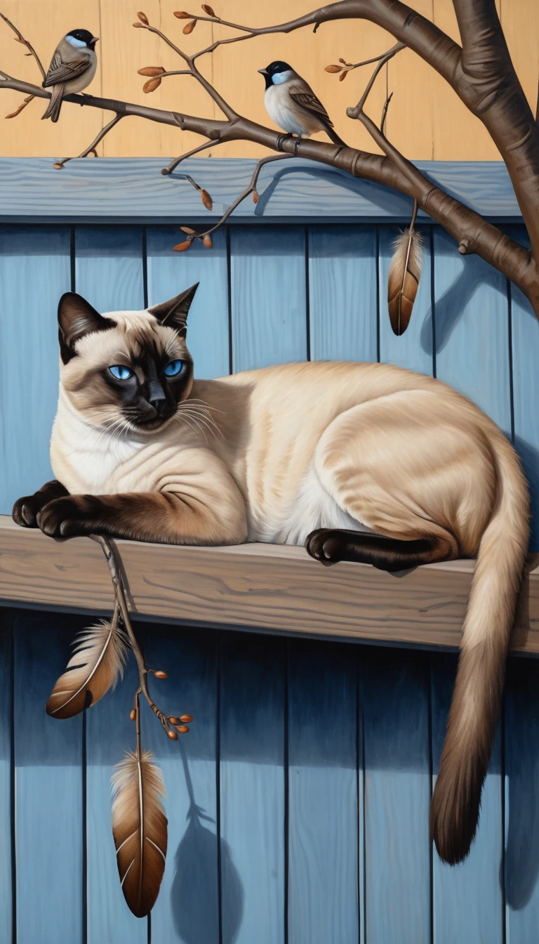 A Siamese cat sleeps cozily on the porch