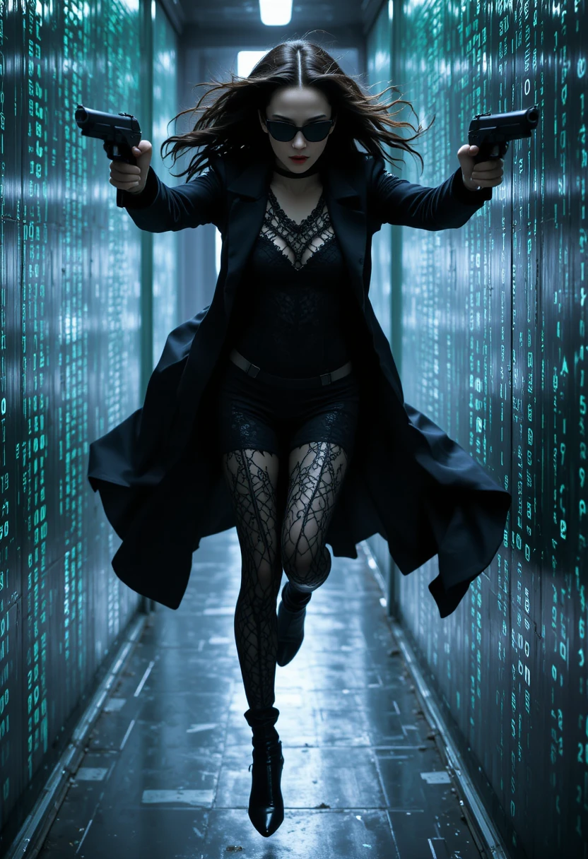 Trinity corre na horizontal ao longo de uma parede coberta de código