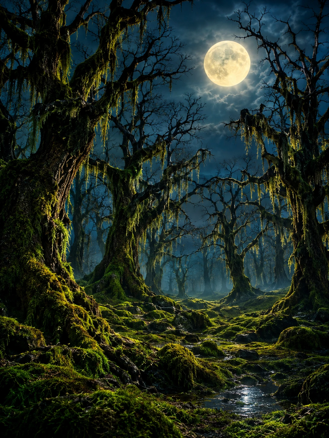 Árvores sem folhas cobertas de musgo pendente preenchem uma floresta encantada sob a lua cheia
