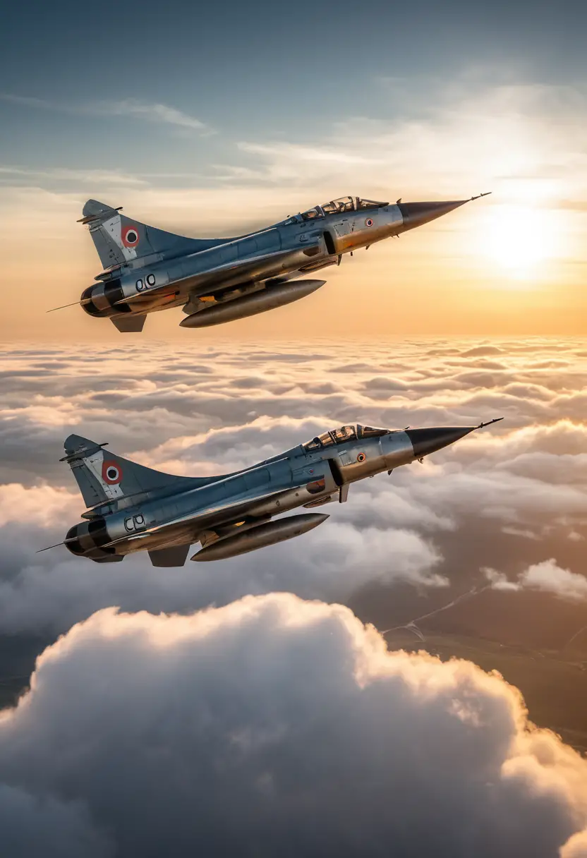 ゴールデンアワー、雲の上を飛ぶ2機のミラージュIII戦闘機
