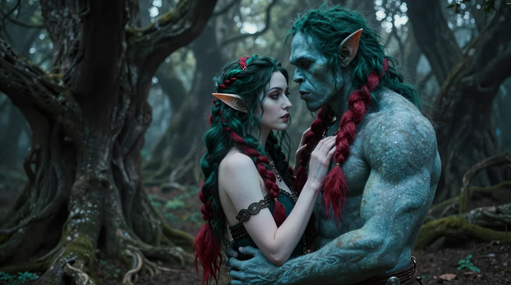 An elf maiden and her orc lover embrace beneath ancient forest trees