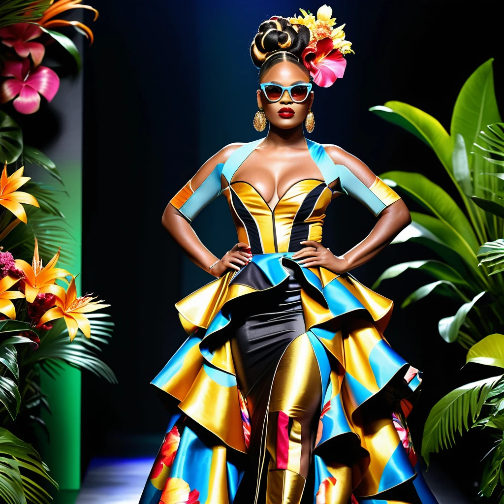 A Black fashion model walks a floral runway in a layered couture gown