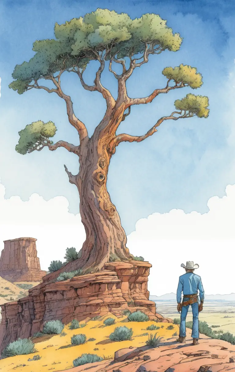 A cowboy stands beside a gnarled tree on a hillside with distant mesas