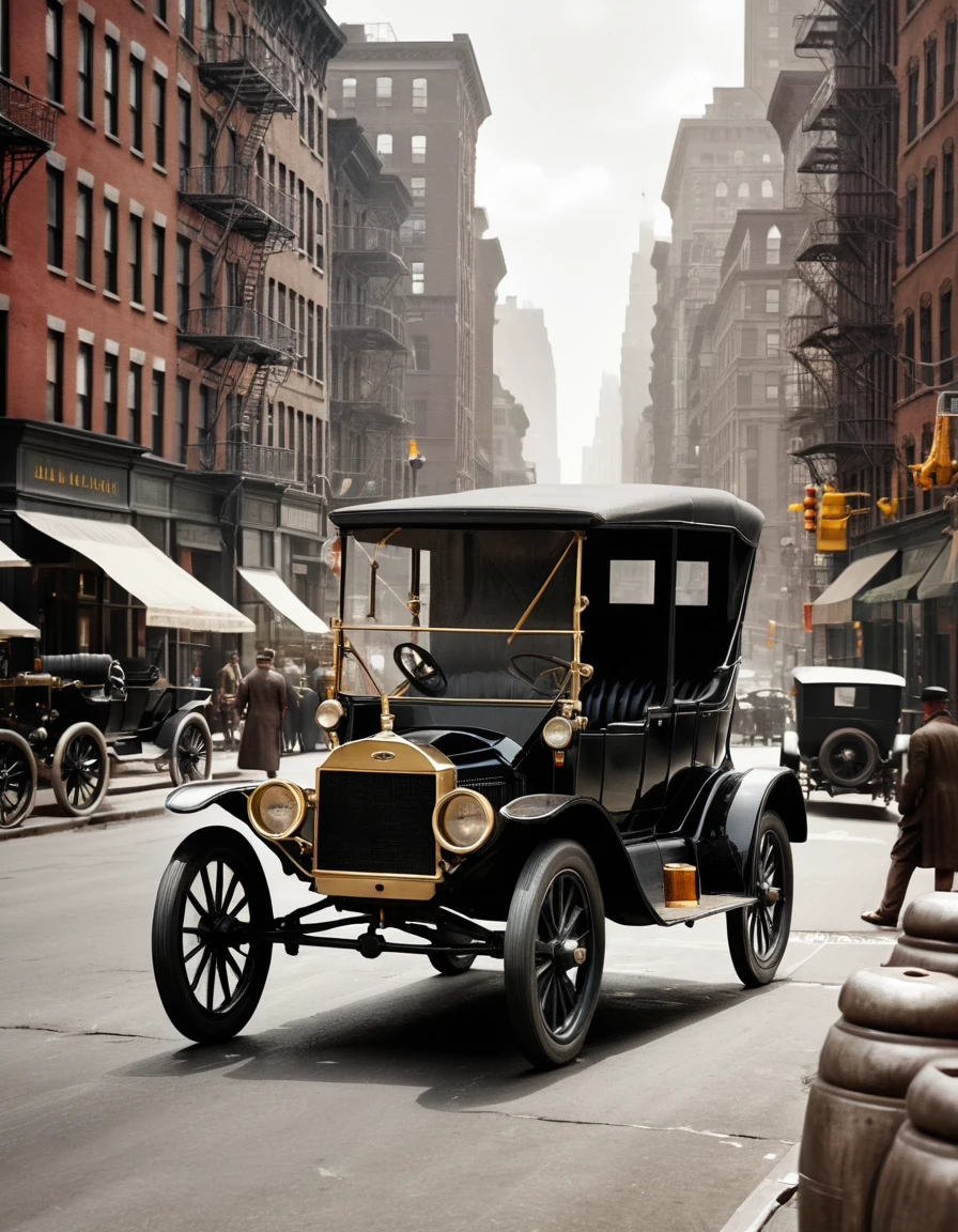 Ein schwarzes Model T fährt durch eine belebte New Yorker Straße im frühen 20. Jahrhundert
