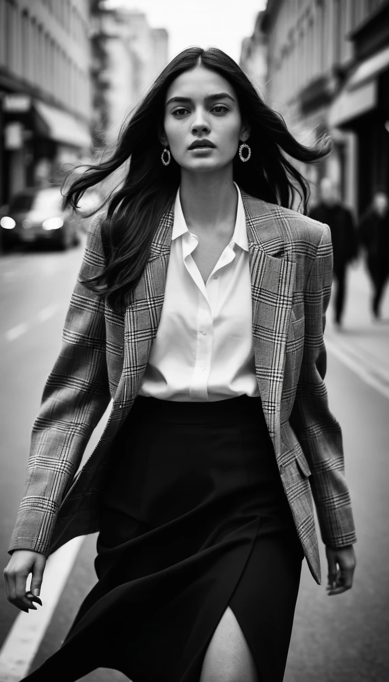 Uma jovem atravessa a multidão da cidade usando um blazer xadrez