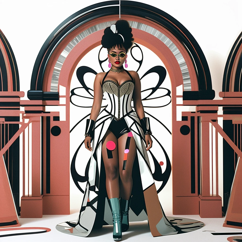 Uma mulher surreal em moda steampunk neon com uma água-viva flutuante