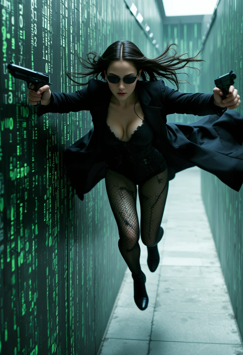 Trinity corre na horizontal ao longo de uma parede coberta de código
