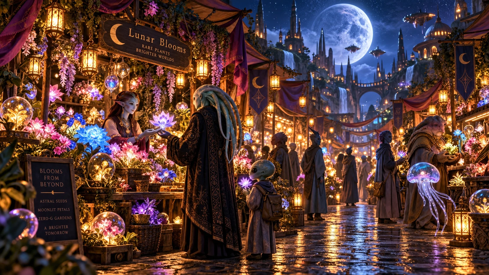 Um mercado de flores à luz do luar faz flores exóticas brilharem depois de escurecer