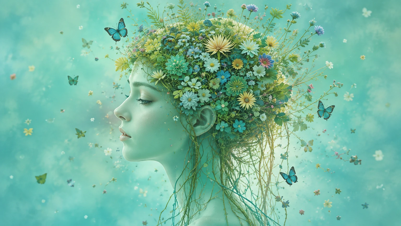 Uma mulher serena cercada por flores e borboletas em um retrato de natureza onírico