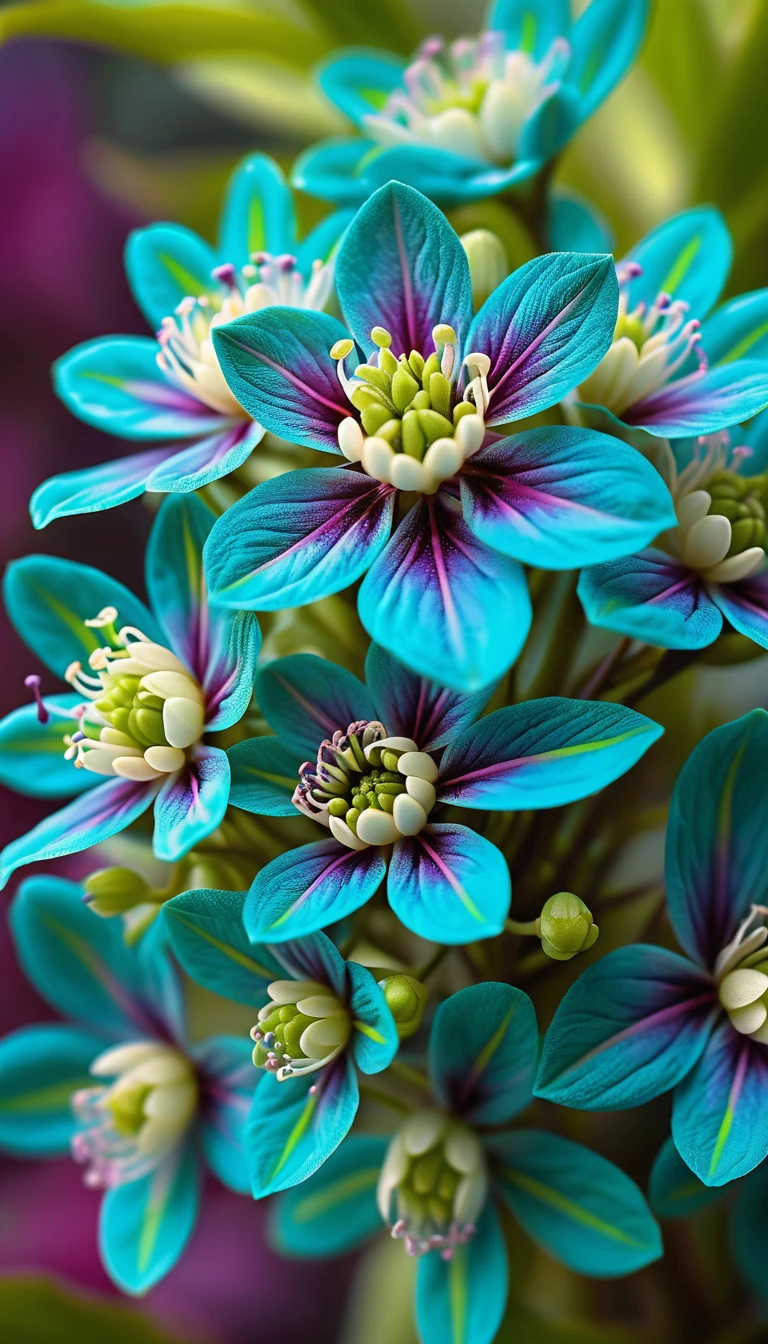 Uma flor ramificada coberta de flores espirais turquesa e roxas