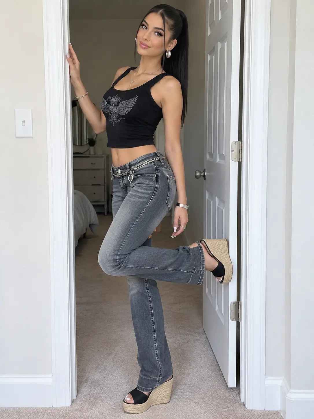 Une jeune femme pose dans l’encadrement d’une porte en jean et en sandales compensées