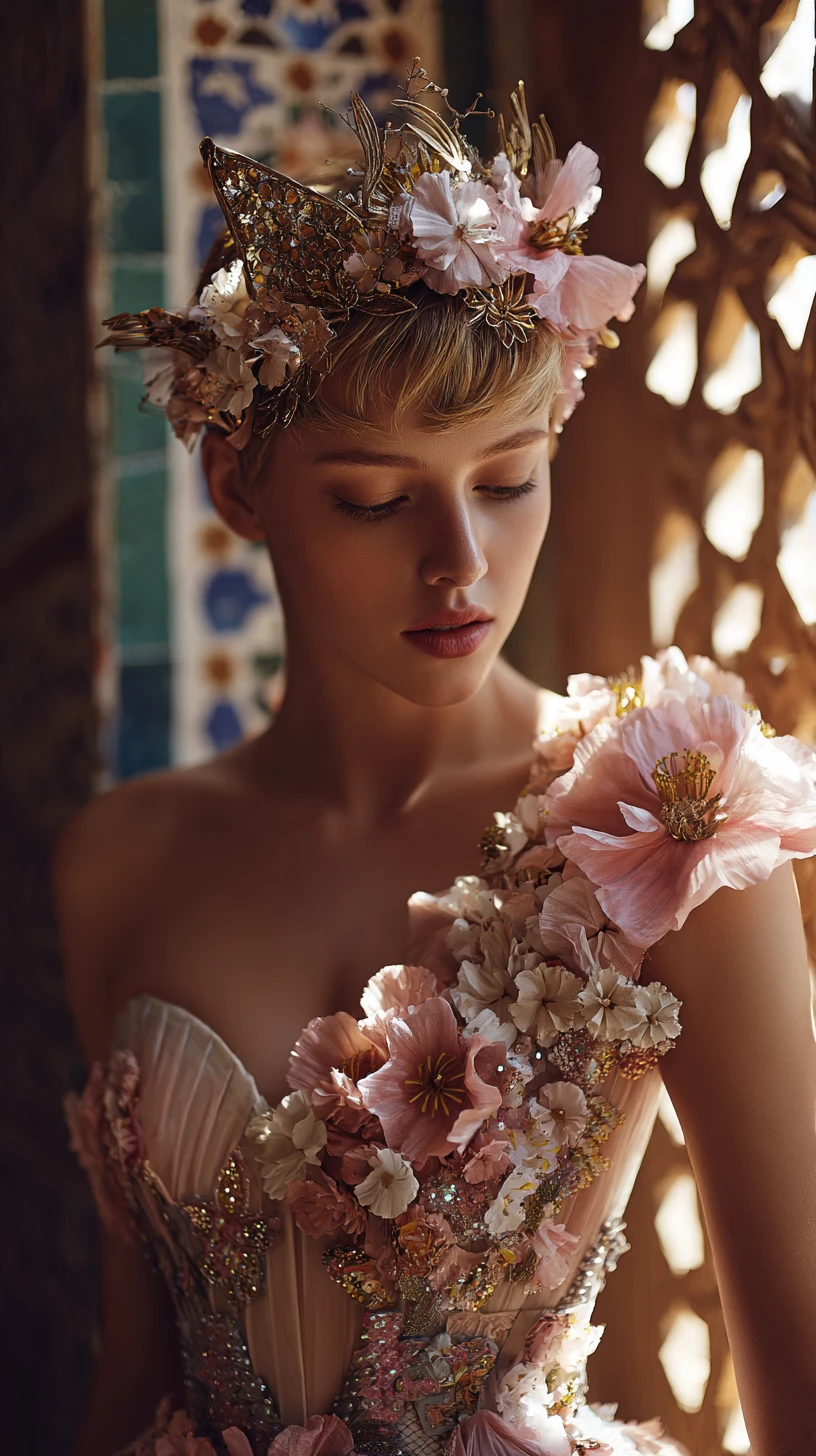 Uma mulher com um vestido de alta-costura floral num palácio antigo