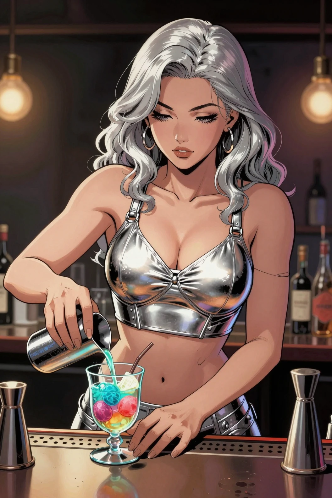 Mulher de anime preparando uma bebida futurista atrás do balcão