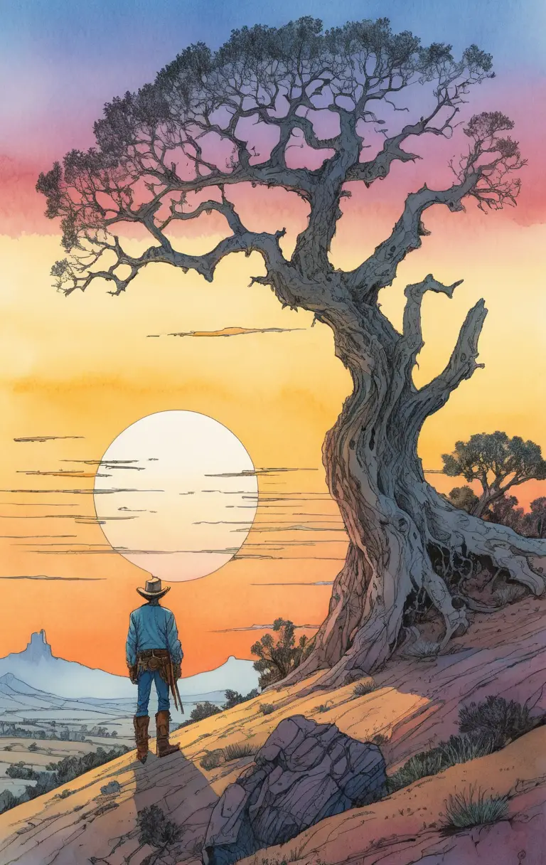 A cowboy stands beside a gnarled tree against the setting sun