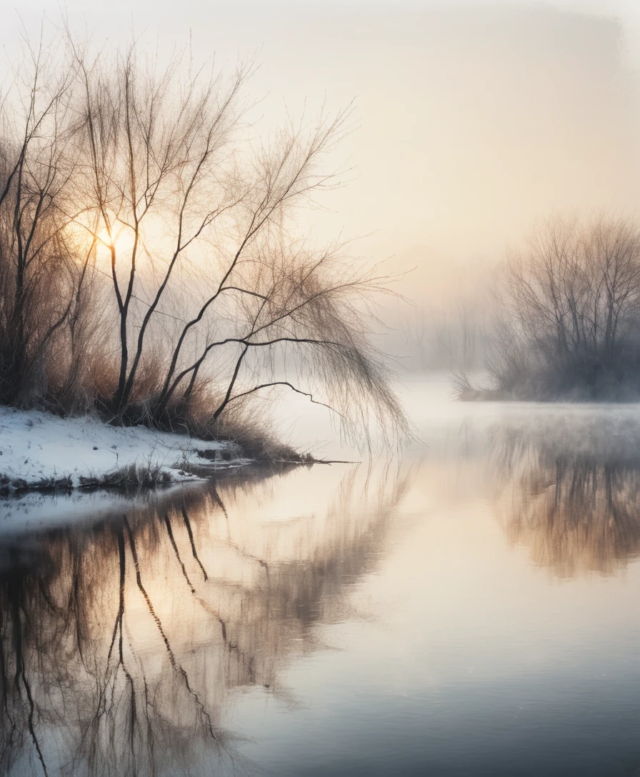 Alba ad acquerello su un lago tranquillo in un paesaggio invernale coperto di neve