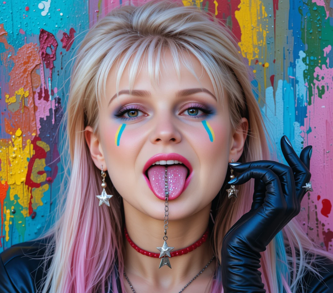 Uma garota com pintura facial de arco-íris e um piercing de estrela na língua