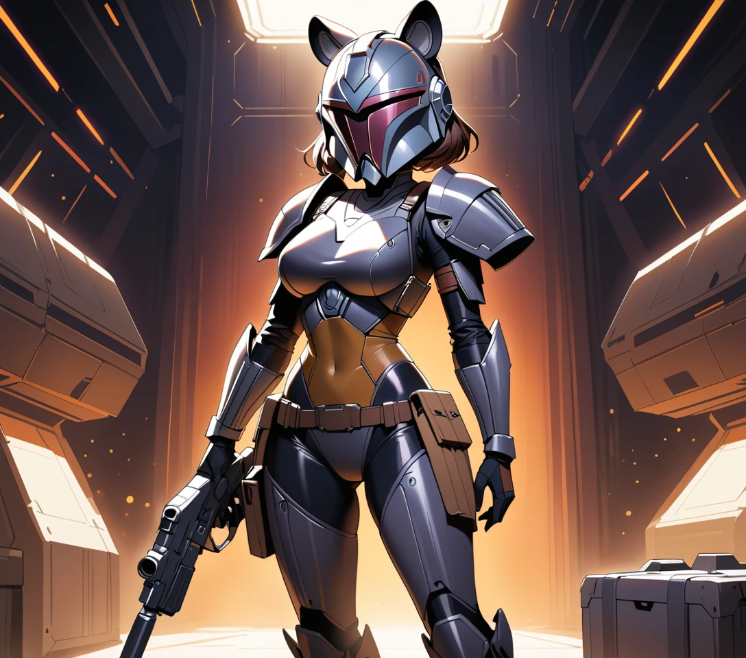 An anime tiger woman warrior stands in a dim spaceship hangar