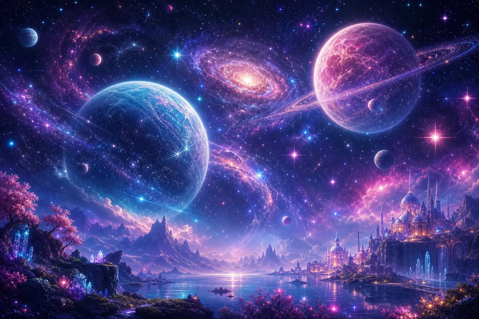 宇宙の闇に浮かぶ、輝く惑星と星々