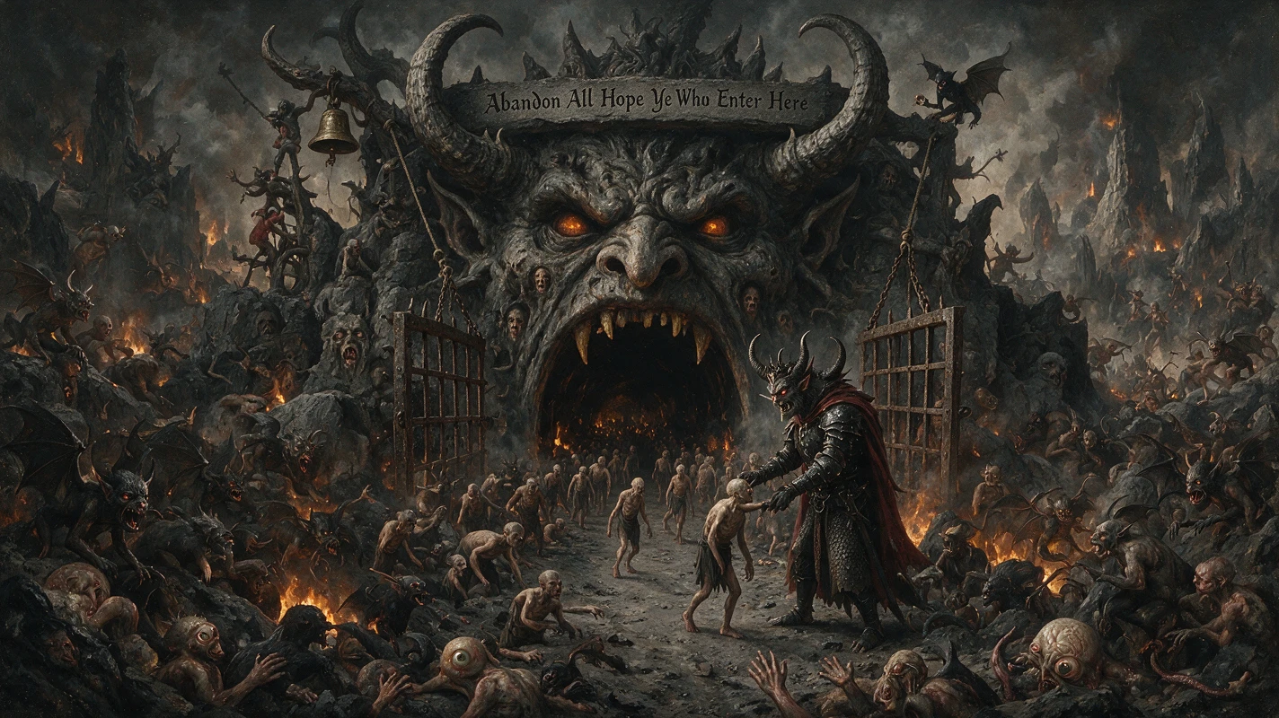 Um portal demoníaco se abre sobre um caminho desolado em meio a criaturas flamejantes