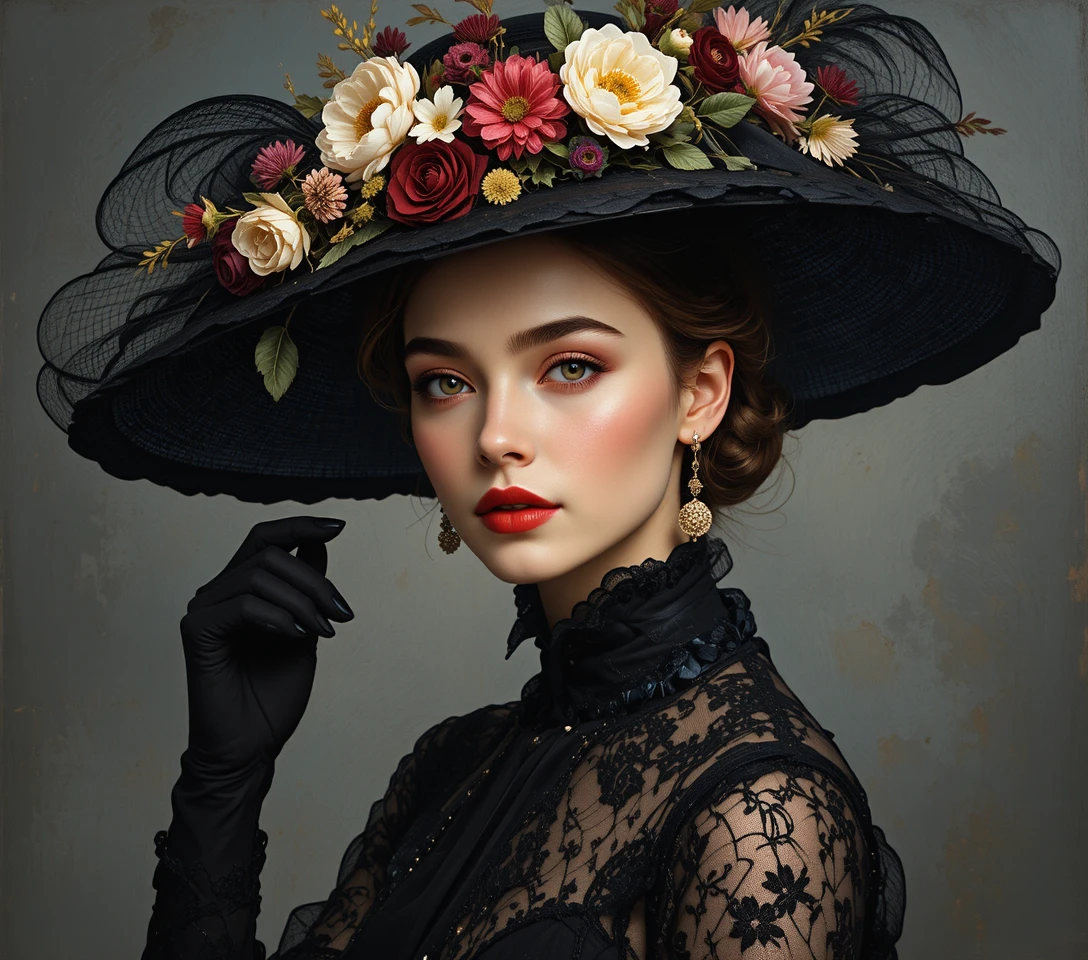 Elegant woman in a floral black hat and lace dress