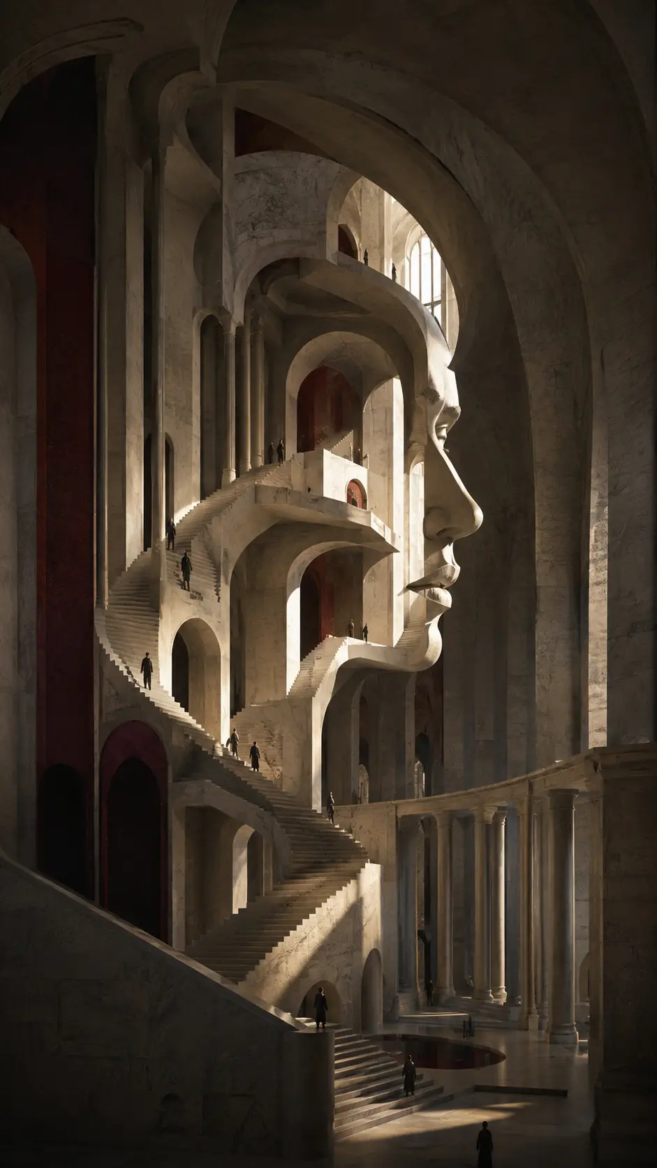 An impossible architectural interior forms a woman's profile through stone and shadow