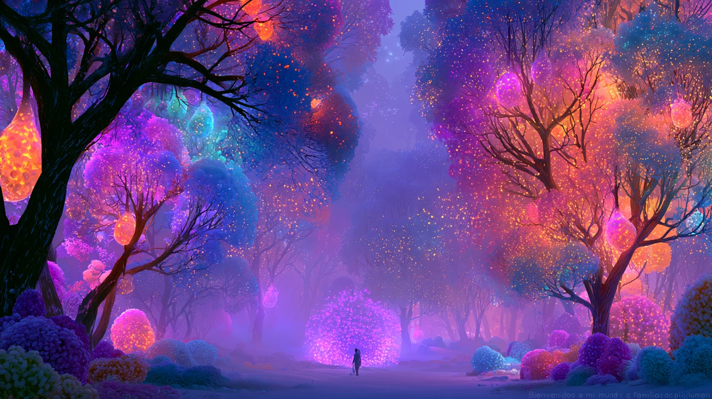 A lone figure wanders among neon fruit trees beneath a misty sky