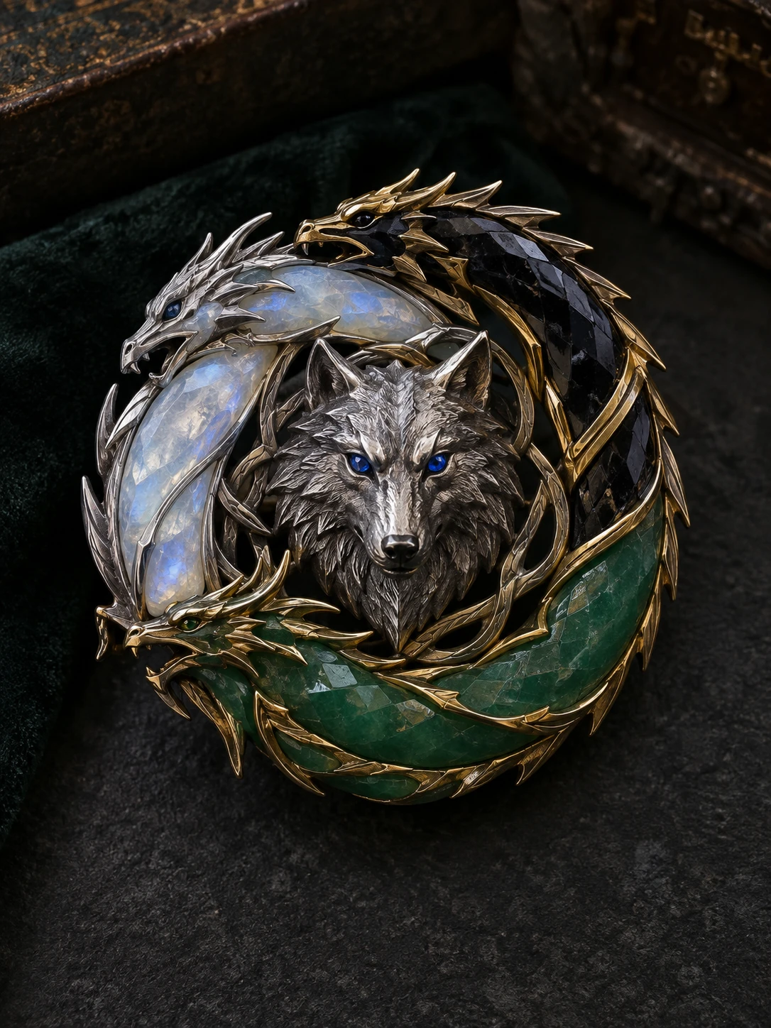 Eine heraldische Brosche mit drei Drachen, die einen Schattenwolf mit Saphiraugen umringen