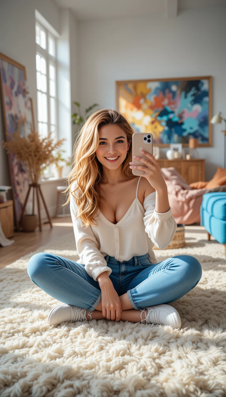 Uma mulher posa para selfies sentada em um loft iluminado pelo sol