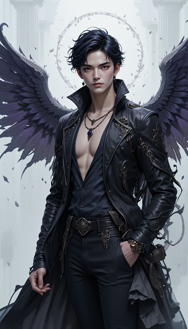Jovem personagem masculino de anime com asas escuras e olhos carmesim