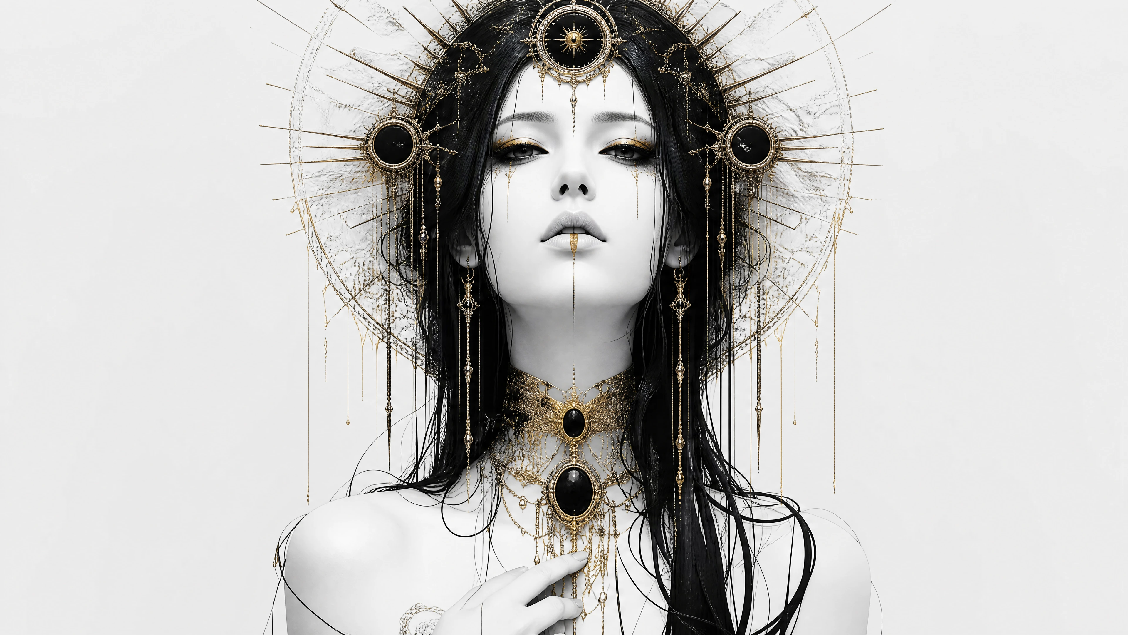 Women with Very Pale Skin and Gold Details in Monochrome