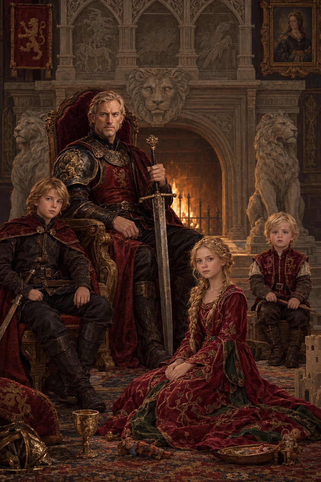Uma família nobre reúne-se em torno do seu senhor num salão medieval