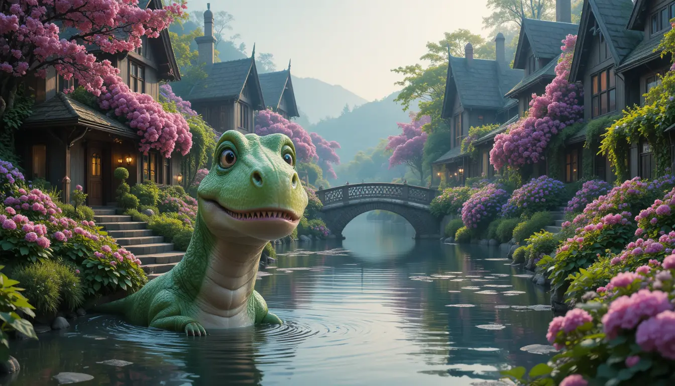 Un dinosaure curieux émerge de l'eau d'un canal paisible
