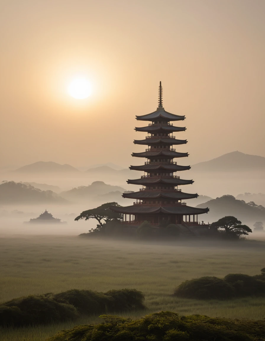 A Pagoda Emerges From Mist Across A Plain At Sunrise