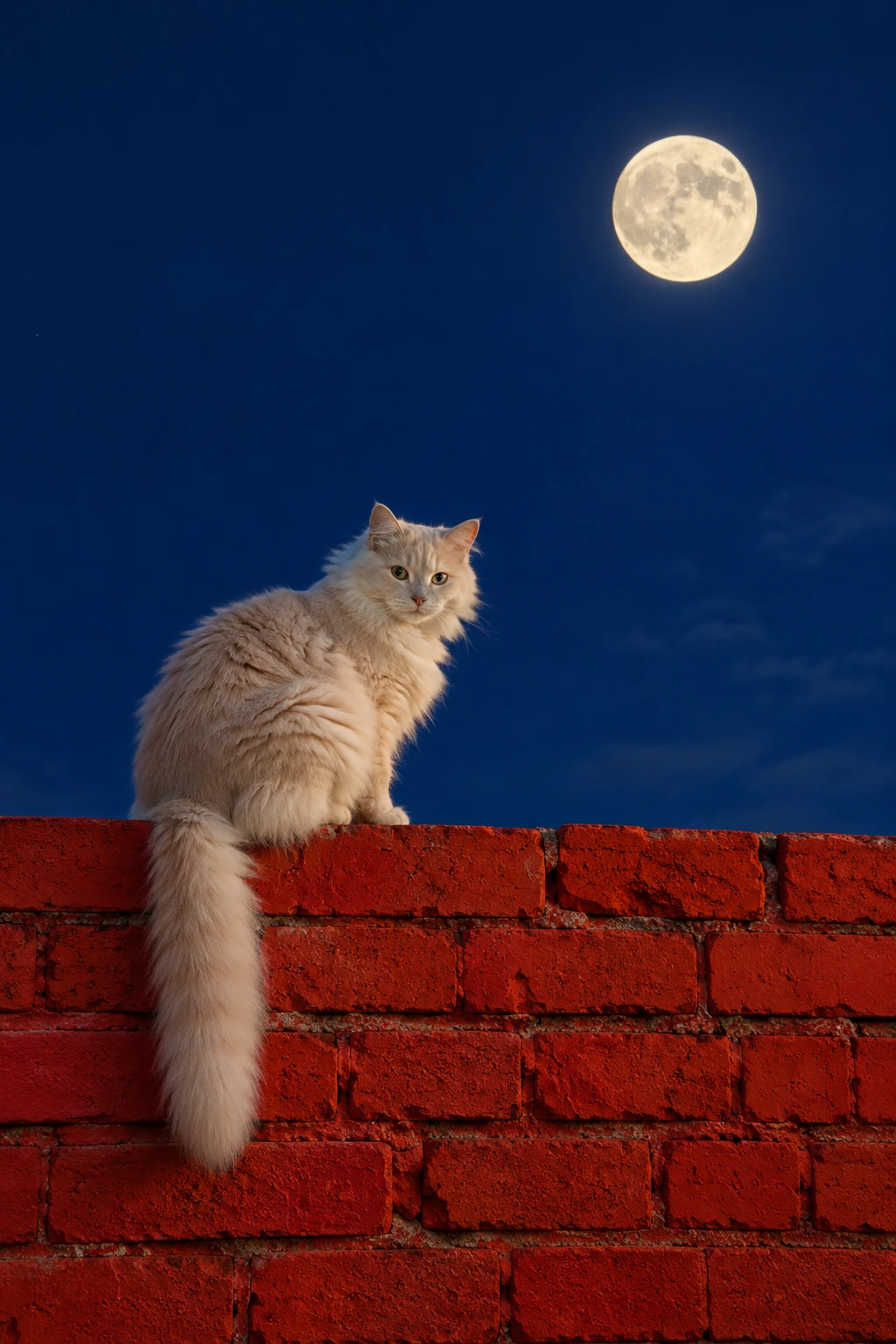 Eine cremefarbene Katze sitzt unter dem Vollmond auf einer Ziegelmauer