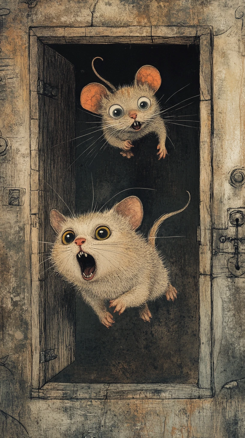 Eine panische Katze rennt über eine Mäusestation, während eine Maus zur Landung ansetzt