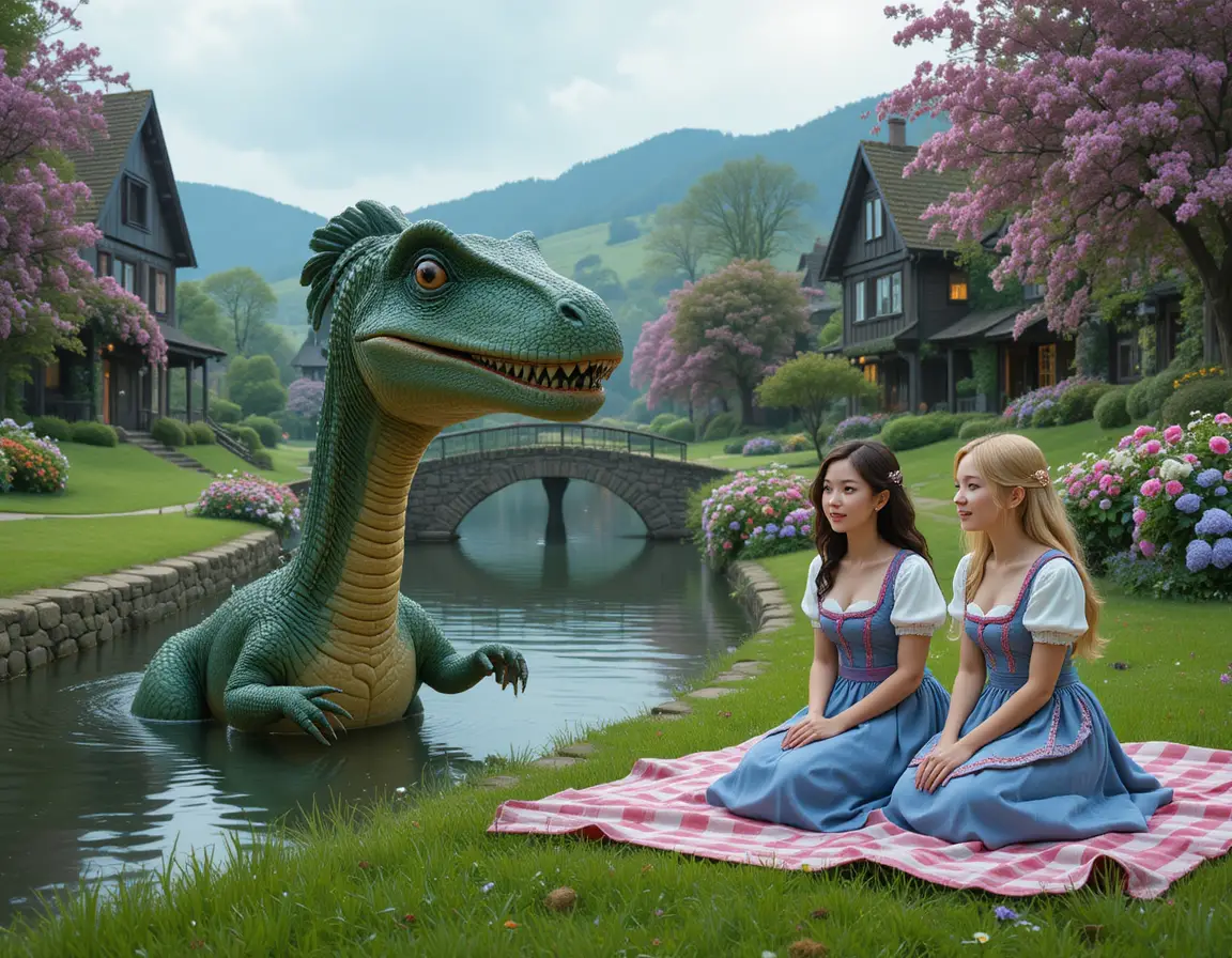 Un dinosaure vert surgit d’un canal fleuri dans un village de conte de fées